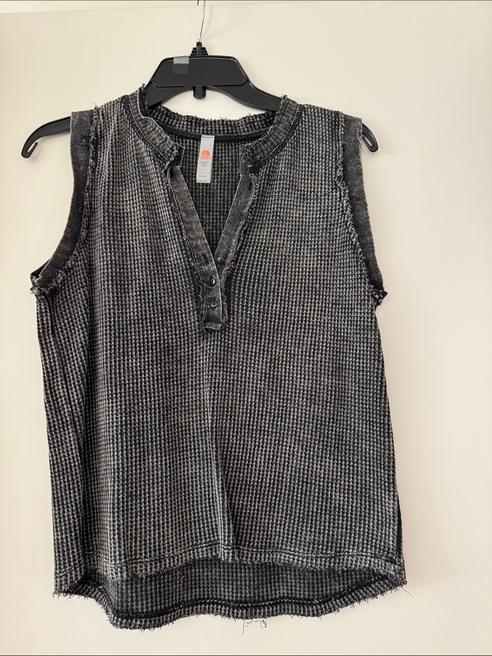 Washed Black Sleeveless Henley Waffle Knit Top. Runs small